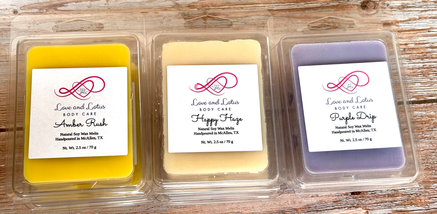 Handcrafted Soy Wax Melts side by side with labels