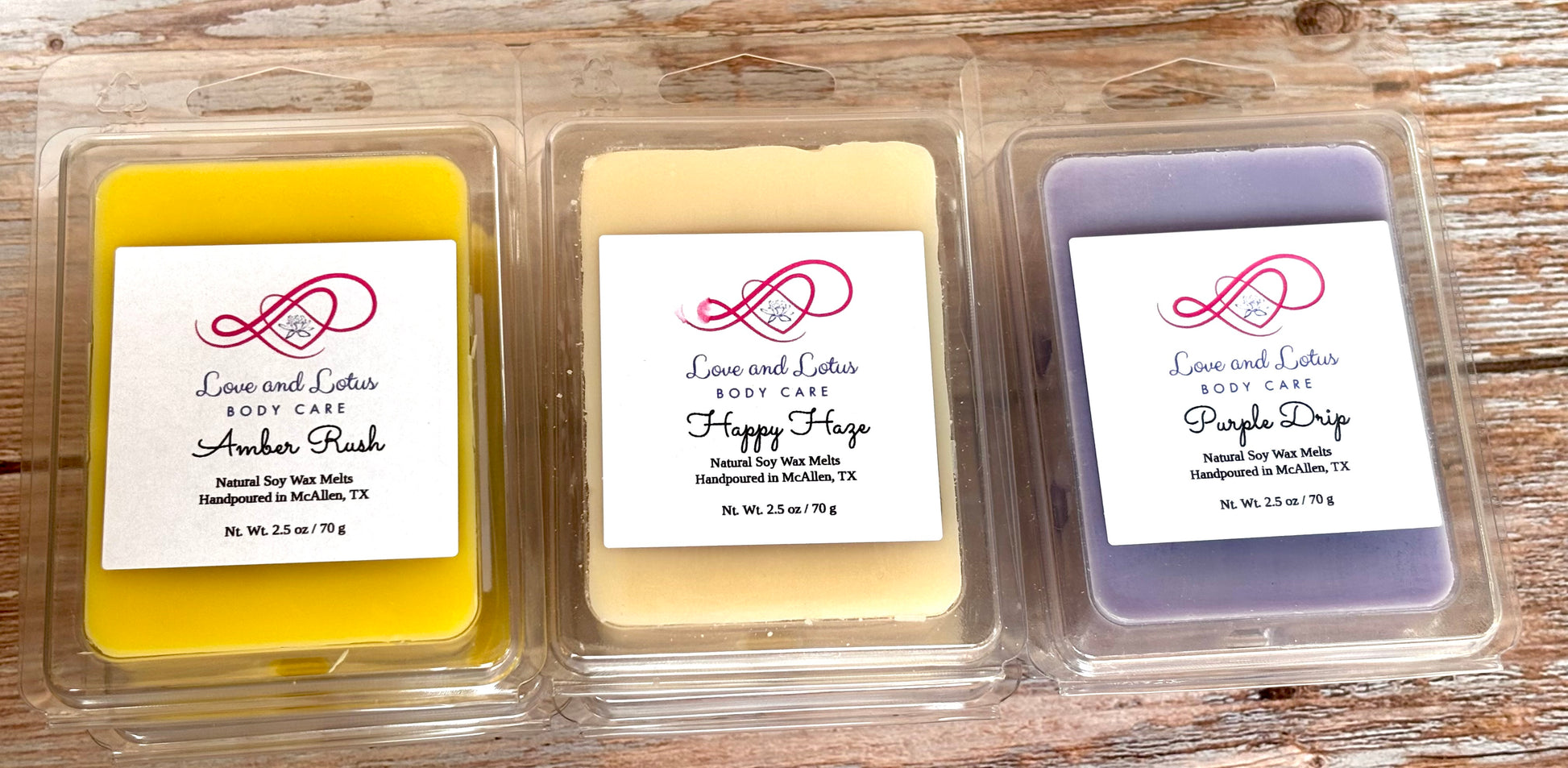 Handcrafted Soy Wax Melts side by side with labels