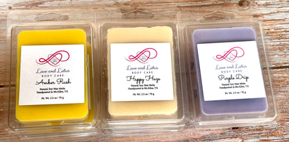 Handcrafted Soy Wax Melts side by side with labels